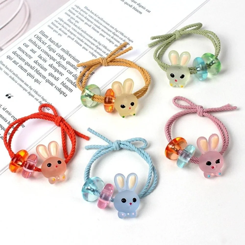 Set/5 Adorable Resin Bunny/Bead Twisted‎ Elastic Hair Ties